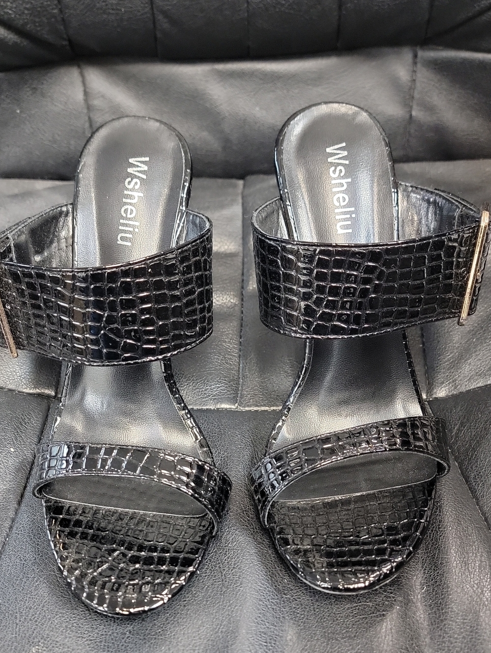 Black Croc-Embossed Slide Mules
